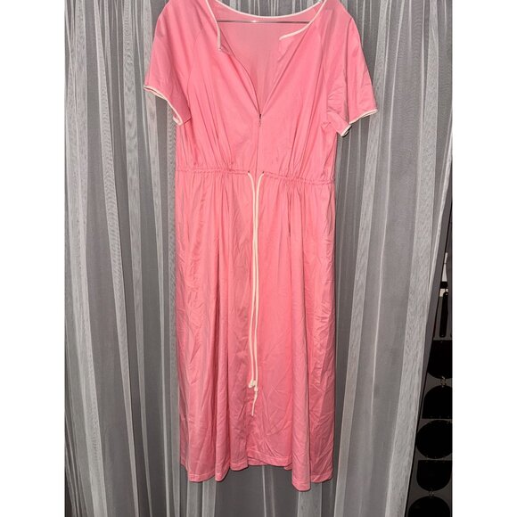 Pink Short-Sleeve Drawstring Waist Dress With Pockets & White Trim - Picture 1 of 10